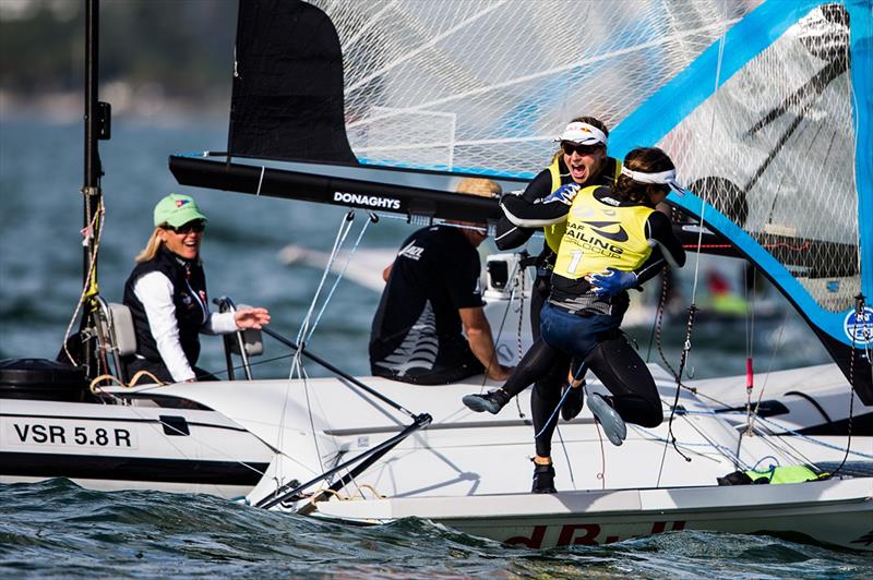 Alex Maloney and Molly Meech win the 49erFX class at Sailing World Cup Miami photo copyright Pedro Martinez / Sailing Energy taken at Coconut Grove Sailing Club and featuring the 49er FX class