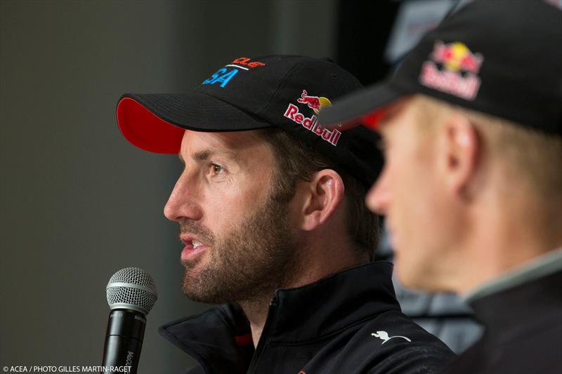 Jimmy Spithill looking over his shoulder at Sir Ben Ainslie during an America's Cup Press Conference - photo © Gilles Martin-Raget / ACEA