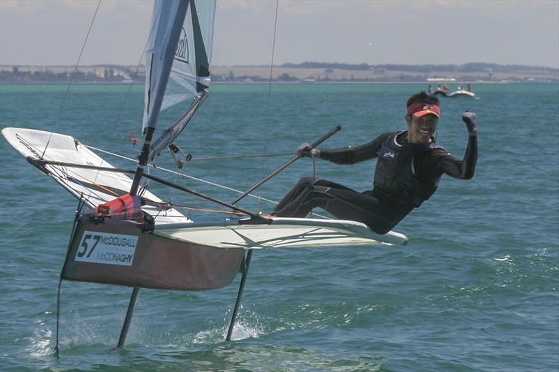 Hiroki Goto wins finals race 1 at the 2015 McDougall   McConaghy International Moth Worlds photo copyright Beau Outteridge / www.beauoutteridge.com taken at Sorrento Sailing Couta Boat Club and featuring the International Moth class