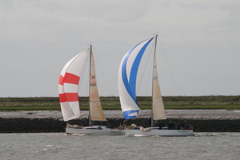 – Amazon leads Inn Spirit off the line at the start of the Town Cup at Burnham Week 2014 photo copyright Sue Pelling taken at Royal Burnham Yacht Club and featuring the IRC class