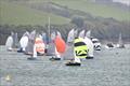 Tom Stewart and Rob Allen lead downwind during the Merlin Rocket South West Series at Salcombe © Lucy Burn