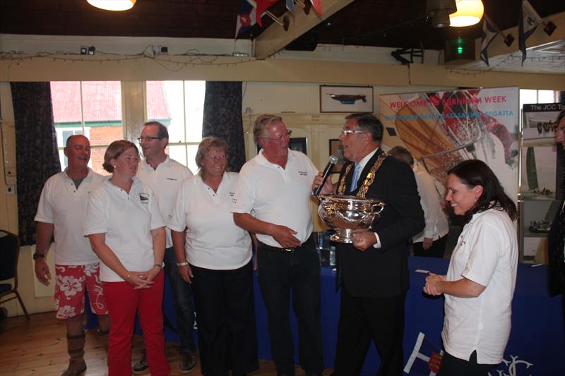 Tony and Chuffy Merewether and team receive the Town Cup from Ron Pratt, the Town Mayor at Burnham Week 2014 - photo © Max Stanbury