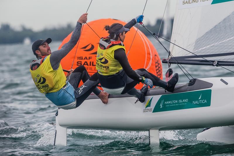 Silver for Jason Waterhouse & Lisa Darmanin in the Nacra 17 class at Sailing World Cup Miami photo copyright Jesus Renedo / Sailing Energy taken at Coconut Grove Sailing Club and featuring the Nacra 17 class