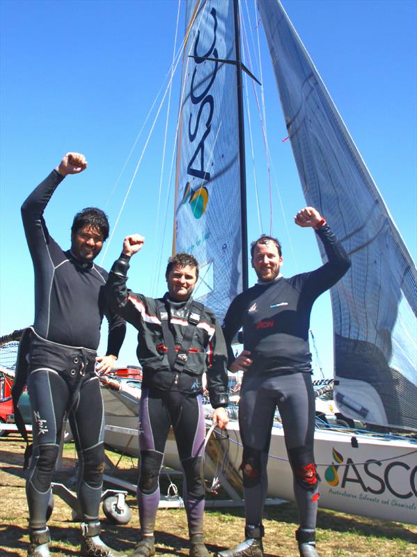 Champion ASCC skipper Brett Van Munster with crew Paul Montague and Harry Thurston at the 18' Skiff International Regatta in San Francisco photo copyright Rich Roberts taken at St. Francis Yacht Club and featuring the 18ft Skiff class
