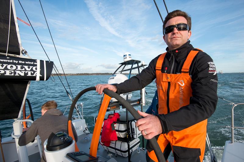 Charlie Enright, Team Alvimedica skipper, at the helm of the boat in Southampton photo copyright Sam Greenfield / Volvo Ocean Race taken at  and featuring the Volvo One-Design class