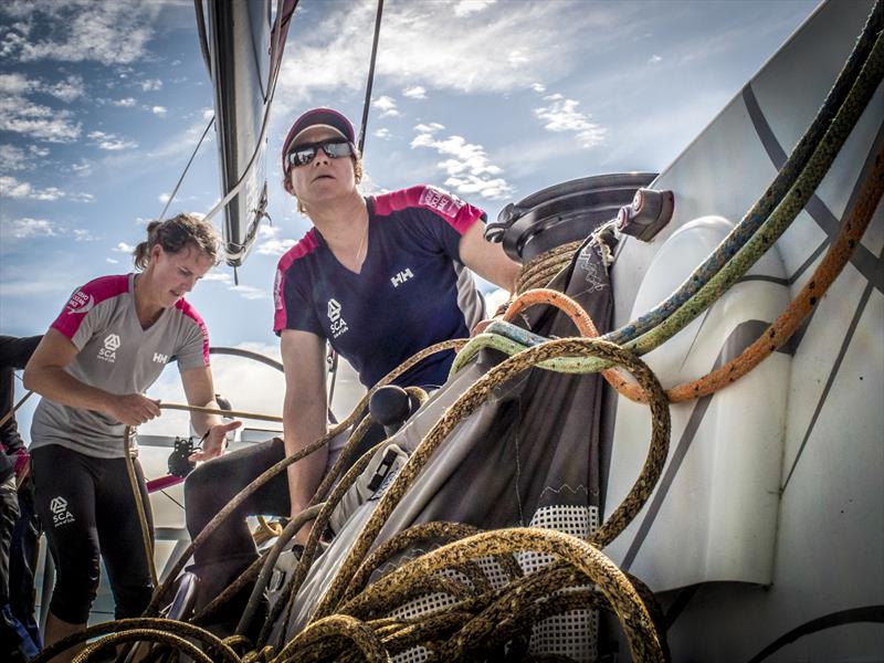 Stacey Jackson and Annie Lush check sheet leads and sails after a gybe on Team SCA on day 7 of Leg 1 of the Volvo Ocean Race photo copyright Corinna Halloran / Team SCA / Volvo Ocean Race taken at  and featuring the Volvo One-Design class